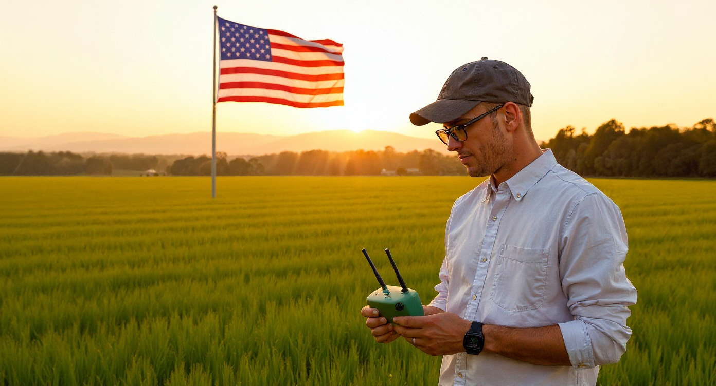 man with controller of agricultural done in farm in the U.S.